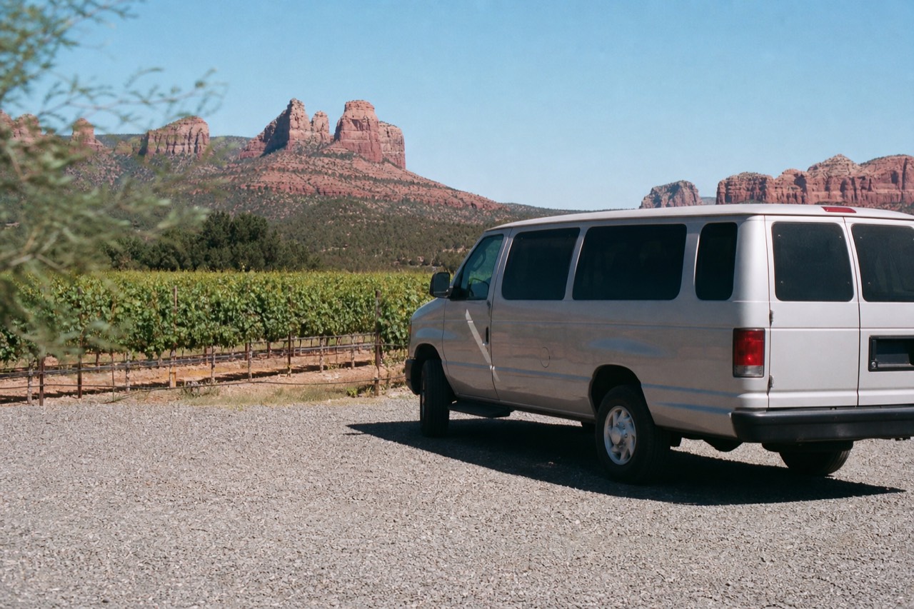A small tour van parked on a gravel turnout beside rows of grapevines with red sandstone cliffs rising in the far distance