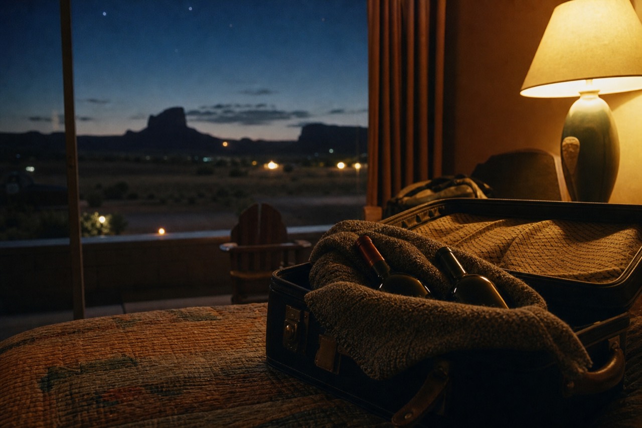 Two unlabelled wine bottles wrapped in a folded sweater inside an open suitcase on a hotel bed