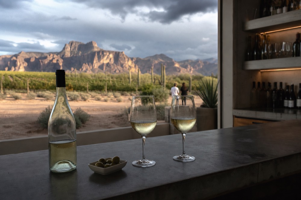 Two glasses of white wine on a bar top beside an open bottle and a small dish of olives, blurred shelves of bottles behind