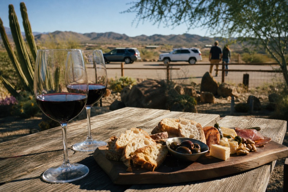 A charcuterie board with cheese, olives and bread beside two glasses of red wine on a rustic outdoor table