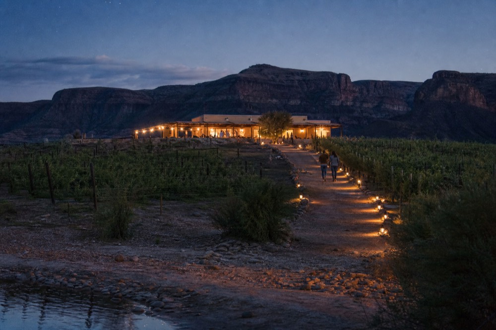 A footpath climbing from a river beach between rows of vines toward a low ranch-style building with a shaded terrace